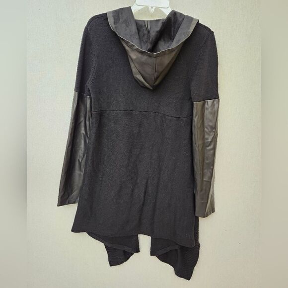 Moon Collection- Black‎ Faux Leather Trim Long Hoodie Jacket md - Picture 3 of 10